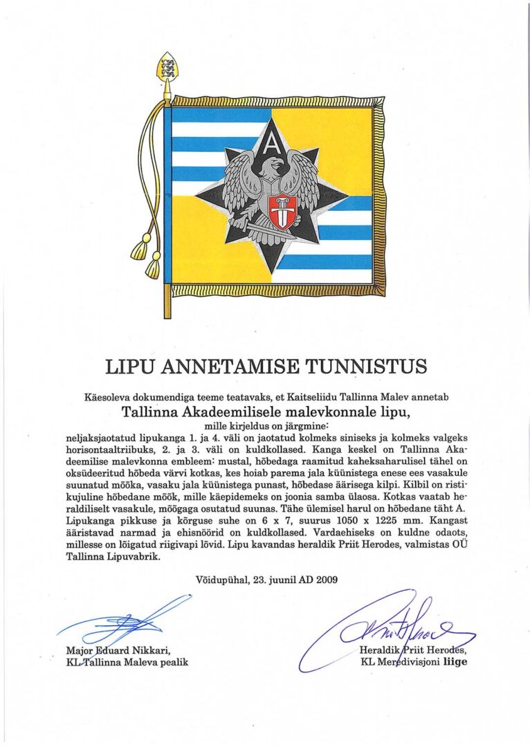 Tallinna Akadeemilise malevkonna lipu annetamise tunnistus LIPU PASS 2